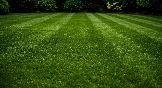 A stunning low-angle view of a freshly mowed lawn, showcasing perfect green stripes on the grass in a large backyard garden. Image_fx style capture from a spring day.