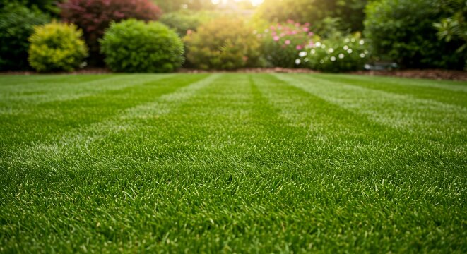 A perfect green lawn with stripes in a beautiful backyard garden. Low angle view of freshly mowed grass in the summer sun. Landscaping and lawn care concept.