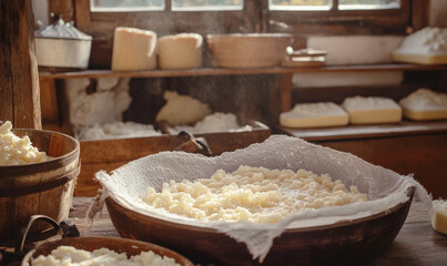 The traditional process of making cottage cheese evokes associations with hand-cooked food and farmhouse charm.