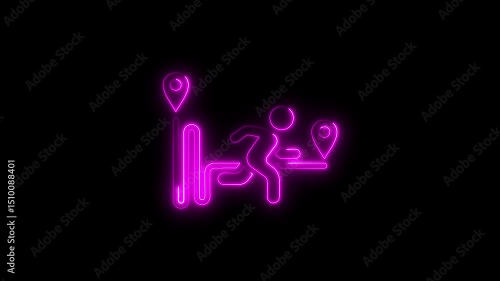 Poster animated neon sign depicting a figure running between two location markers against a black backgroun