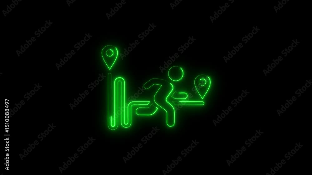 Poster animated green neon light symbolizes journey and navigation between multiple location markers on a b
