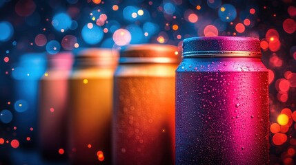 Vibrant Metallic Containers with Colorful Bokeh Background Effects