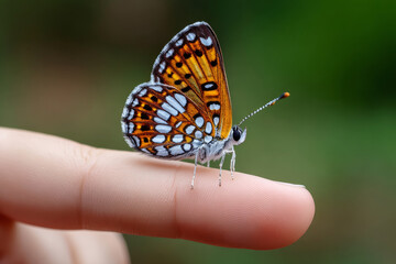 Obraz premium Butterfly perched delicately on boy index finger, showcasing vibrant orange and blue patterns. scene captures moment of wonder and connection with nature