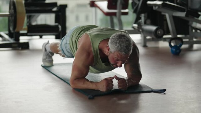 Man performing a plank exercise in a gym. Focus on upper body strength and core stability while exercising on a yoga mat.