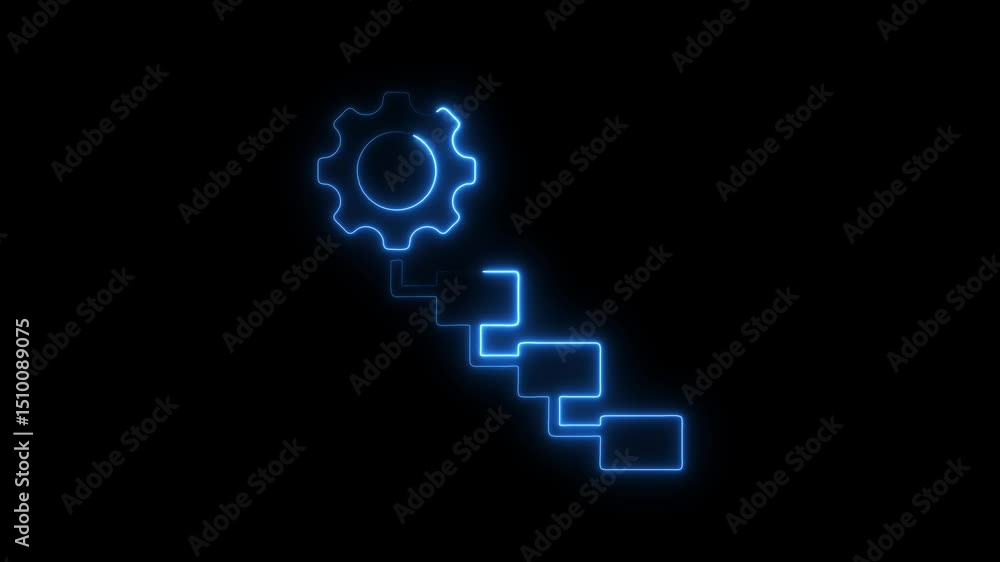 Aufkleber animated neon gear icon linked to a process flowchart depicting steps against a dark background.