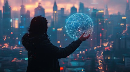 Contemplating the digital age: Person holding futuristic globe over cityscape
