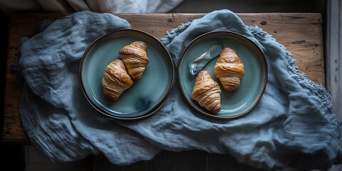 Croissants on Plates, Light Blue Linen