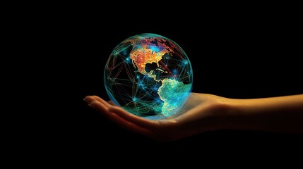 Global connectivity concept: A glowing digital earth held in human hands