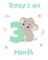 Baby milestone card. Cute elephant with number three. Today I am 3 months illustration.