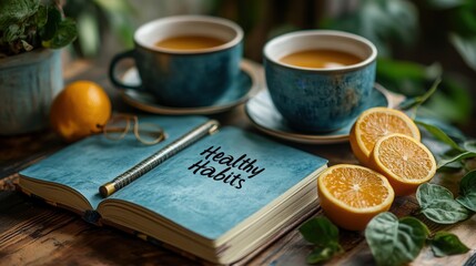 Healthy Habits Journal with Tea and Citrus on Wooden Table