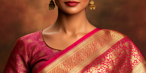 Portrait of woman in traditional attire, rich colors, gold jewelry, and ornate fabric. The focus is on beauty and cultural heritage.