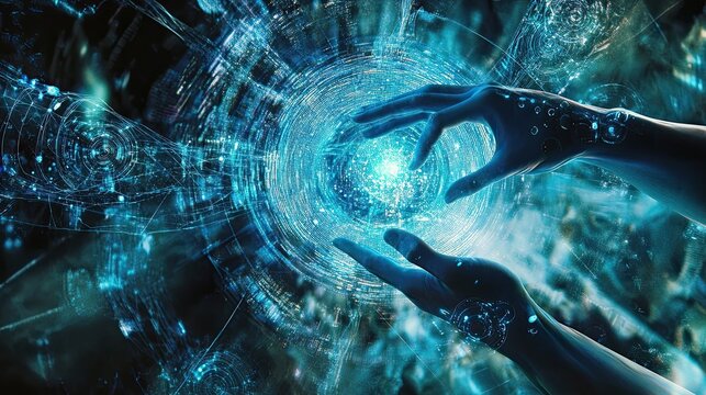 Abstract blue energy hands create a mesmerizing vortex of light, science and tech