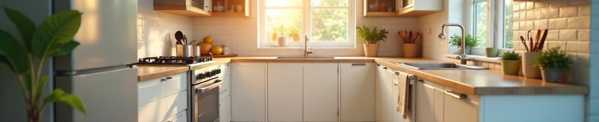 A sparkling clean kitchen after a thorough housework session Countertops gleam, appliances shine, and the floor is spotless Ready for a relaxing evening , pristine, refrigerator