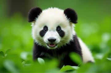 A panda bear sits comfortably in the grass, a peaceful scene