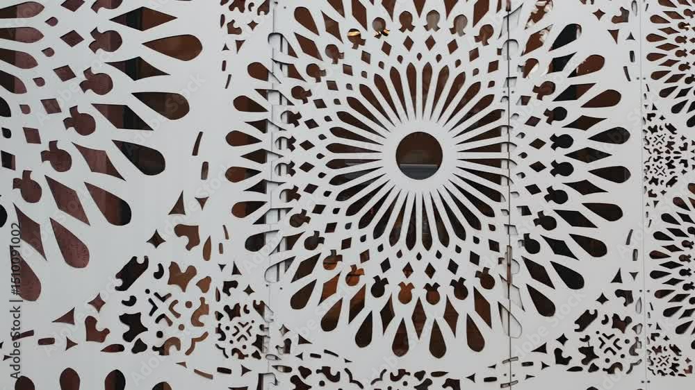 Poster close up view of a decorative white metal panel with a repeating floral pattern, creating an intrica