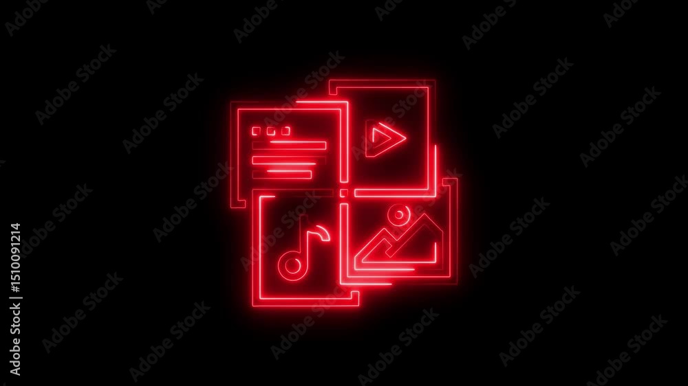 Poster animated neon icons representing document music video and image files with a sleek modern glowing de