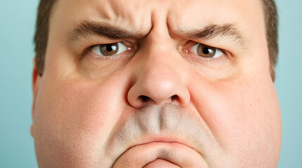Obraz premium Close-up of a Caucasian man's face showing a furrowed brow and a pout, expressing confusion or disapproval. Isolated on light blue backdrop.