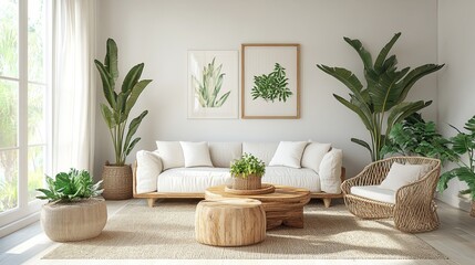 Bringing the serene beauty of nature indoors with a bright earthy living room filled with lush plants and natural light