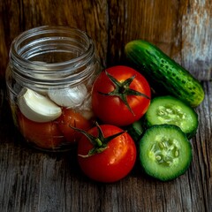 Freshly picked tomatoes and cucumbers with garlic in a jar ready for pickling on rustic wooden background during warm summer afternoon