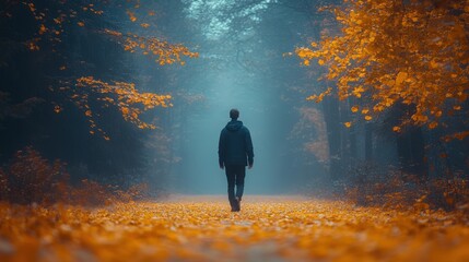 Person Walking Through Misty Autumn Forest with Orange Leaves