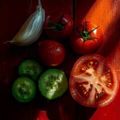 Fresh tomatoes, pickled cucumbers, and garlic arranged on a rustic wooden table in natural light during the afternoon