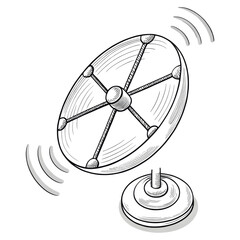Satellite dish with signal waves, featuring a detailed, mechanical design and mounted on a stand.