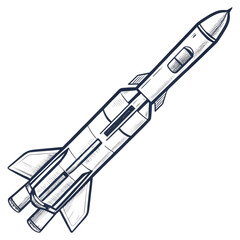 A detailed line drawing of a rocket with prominent fins and cylindrical body.