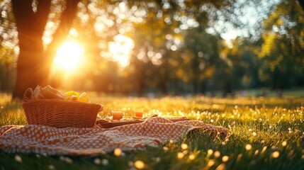 Picnic Scene with Basket and Food at Sunset in a Park