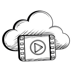 Sketch of a film strip with a play button overlapping a cloud shape.