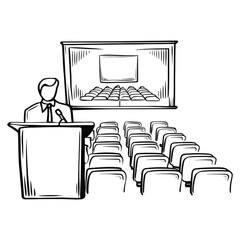 A person stands at a podium facing rows of seats and a large screen, suggesting a lecture or presentation setting.