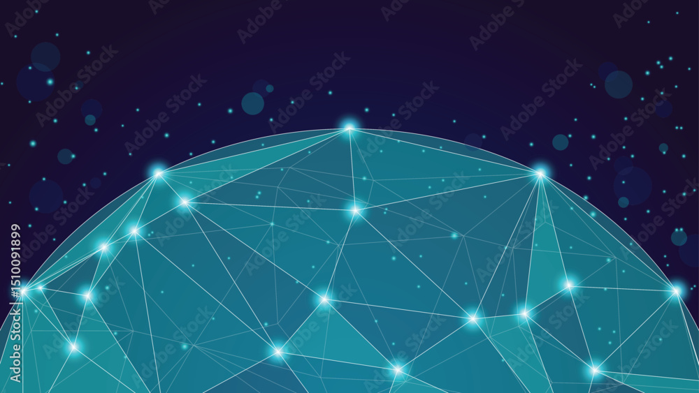 Poster a futuristic globe with glowing points connected by lines floats against a dark space background, co