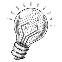 Illustration of a lightbulb with a circuit board pattern symbolizing innovation and technology.