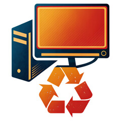 A desktop computer with a recycling symbol, representing electronic waste recycling and sustainability.