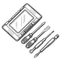 A set of precision screwdrivers arranged beside a compact electronic device with a screen.