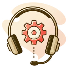 Headset with a microphone encircling a red gear symbol.
