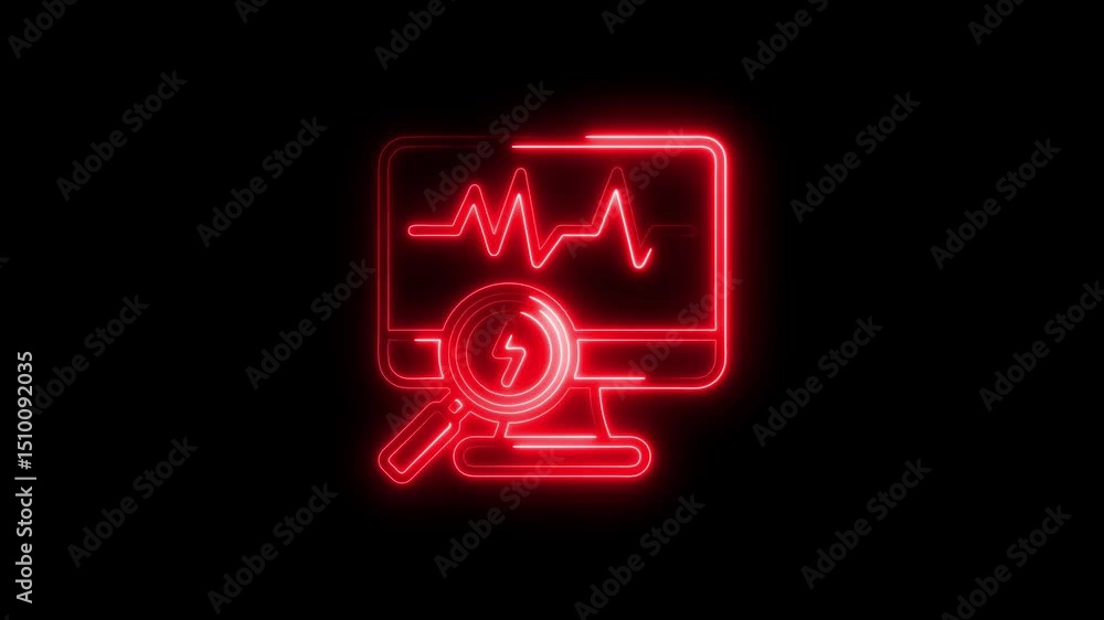 Poster neon icon featuring a computer monitor displaying a heartbeat wave with magnifying glass detailing s