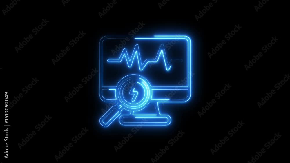 Poster neon blue animation of a computer monitor with a heartbeat display and a magnifying glass symbol