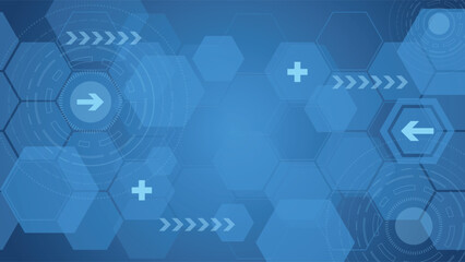 A vibrant blue abstract background featuring a futuristic hexagonal pattern with arrows, circular elements, and plus symbols. Ideal for technology, business, or creative projects.