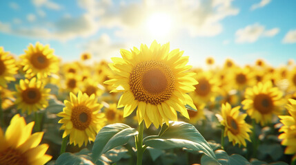 Obraz premium Bright sunflower in full bloom under sunny blue sky, standing tall in a vibrant field, radiating warmth and summer energy in golden light.