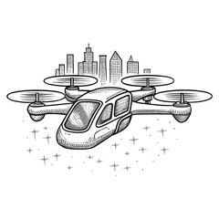 A futuristic drone taxi with four rotors hovers in a cityscape, showcasing advanced urban air mobility technology.