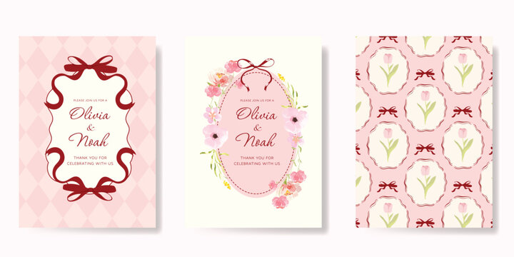 Elegant wedding invitation card background vector. Minimal hand drawn ribbon frame and floral frame template background. Design illustration for wedding, vip cover, poster, rsvp modern card.