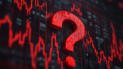 Digital stock market graphic with a prominent question mark.