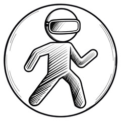 A stick figure wearing a helmet and visor depicted in a walking pose.