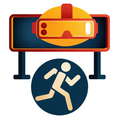 A person running beneath a display featuring a virtual reality headset.