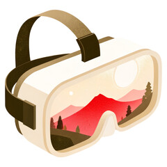 Virtual reality headset displaying a scenic mountain landscape with trees and a bright sun.