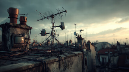 Cityscape Rooftop with Hidden Surveillance Antenna