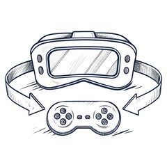 A virtual reality headset and a game controller are illustrated with sketch-style lines and arrows indicating interaction.