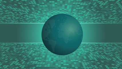Stylized teal green globe with dotted continents in a circular digital environment serves as a tech backdrop ideal for technology, business and creative uses such as presentations.