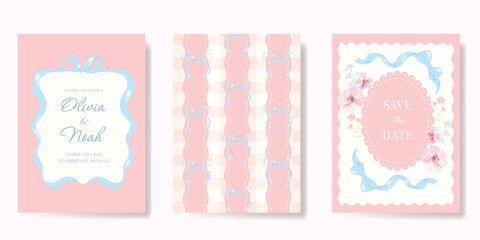 Elegant wedding invitation card background vector. Minimal hand drawn ribbon frame and floral frame template background. Design illustration for wedding, vip cover, poster, rsvp modern card.