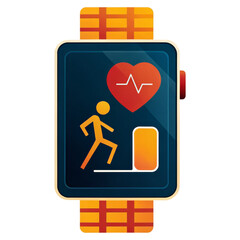 A smartwatch displaying fitness tracking icons including a heart rate and step counter.